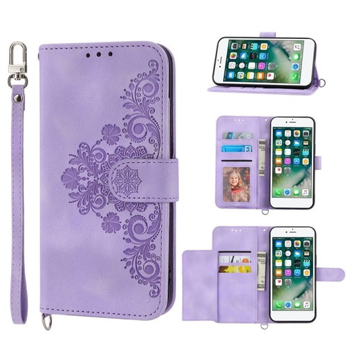 iPhone SE 2022 / SE 2020 / 8 / 7 Skin-feel Flowers Embossed Wallet Leather Phone Case - Purple