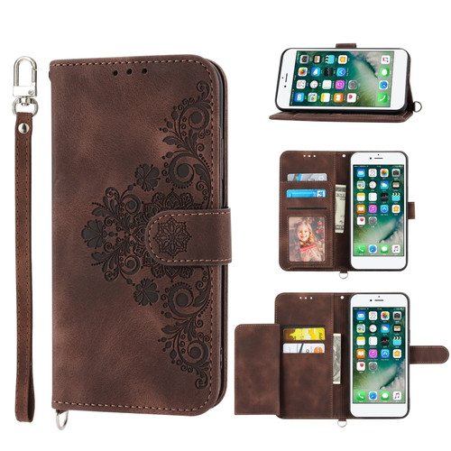 iPhone SE 2022 / SE 2020 / 8 / 7 Skin-feel Flowers Embossed Wallet Leather Phone Case - Brown