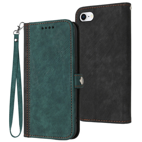 iPhone SE 2022 / SE 2020 / 8 / 7 Side Buckle Double Fold Hand Strap Leather Phone Case - Dark Green