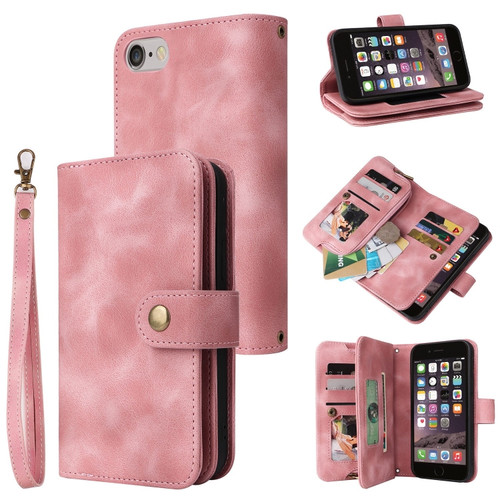 iPhone SE 2022 / SE 2020 / 8 / 7 Multifunctional Card Slot Zipper Wallet Leather Phone Case - Rose Gold