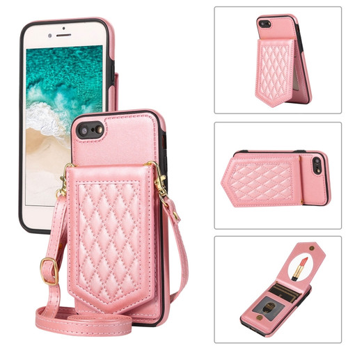 iPhone SE 2022 / SE 2020 / 8 / 7 Rhombic Texture RFID Phone Case with Lanyard & Mirror - Rose Gold