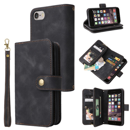 iPhone SE 2022 / SE 2020 / 8 / 7 Multifunctional Card Slot Zipper Wallet Leather Phone Case - Black