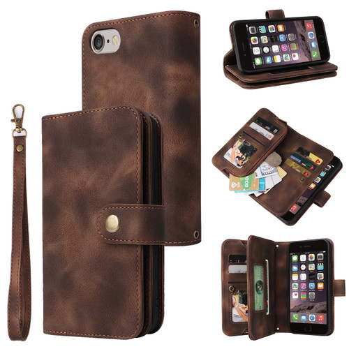 iPhone SE 2022 / SE 2020 / 8 / 7 Multifunctional Card Slot Zipper Wallet Leather Phone Case - Brown