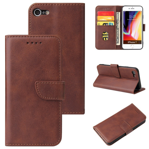 iPhone SE 2022 / SE 2020 / 8 / 7 Calf Texture Buckle Horizontal Flip Leather Case with Holder & Card Slots & Wallet - Brown