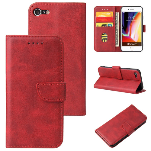 iPhone SE 2022 / SE 2020 / 8 / 7 Calf Texture Buckle Horizontal Flip Leather Case with Holder & Card Slots & Wallet - Red