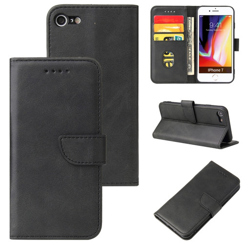 iPhone SE 2022 / SE 2020 / 8 / 7 Calf Texture Buckle Horizontal Flip Leather Case with Holder & Card Slots & Wallet - Black