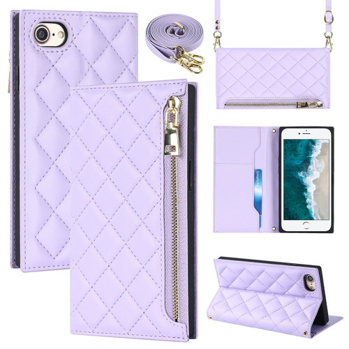iPhone SE 2022 / SE 2020 / 8 / 7 Grid Texture Lanyard Zipper Leather Phone Case - Purple