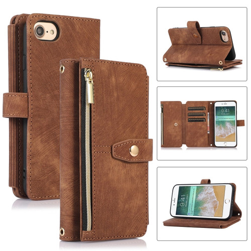iPhone SE 2022 / 2020 / 7 / 8 Dream 9-Card Wallet Zipper Bag Leather Phone Case - Brown
