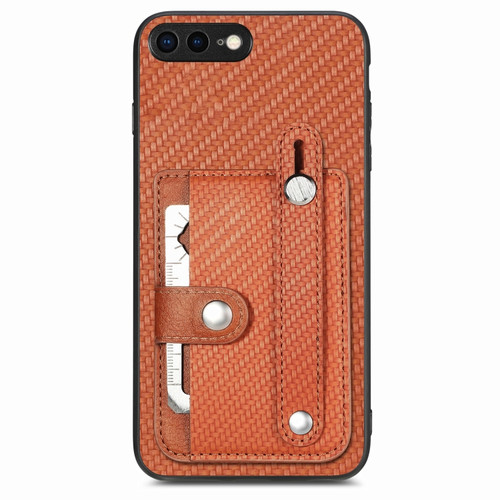 iPhone SE 2022 / 2020 / 7 / 8 Wristband Kickstand Card Wallet Back Cover Phone Case with Tool Knife - Brown