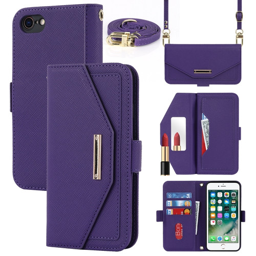 iPhone SE 2022 / SE 2020 / 8 / 7 Cross Texture Lanyard Leather Phone Case - Purple