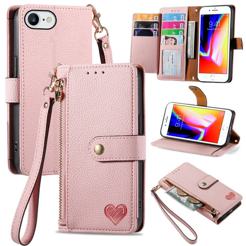 iPhone 7 / 8 / SE 2022 Love Zipper Lanyard Leather Phone Case - Pink