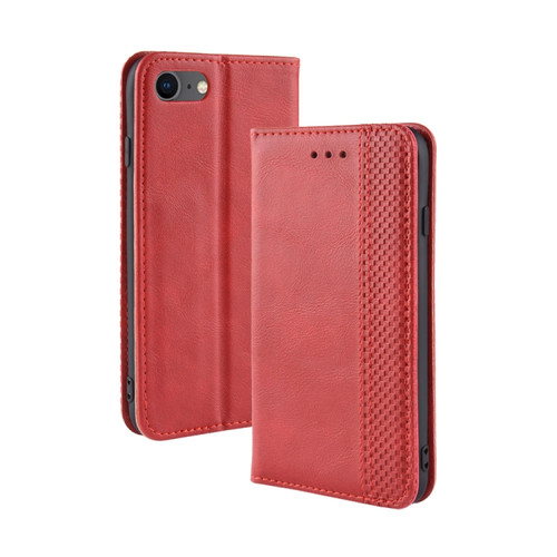 iPhone SE 2022 / SE 2020 Magnetic Buckle Retro Crazy Horse Texture Horizontal Flip Leather Case with Holder & Card Slots & Photo Frame - Red