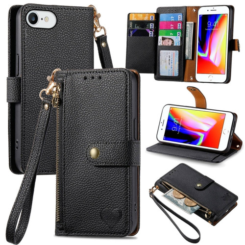 iPhone 7 / 8 / SE 2022 Love Zipper Lanyard Leather Phone Case - Black