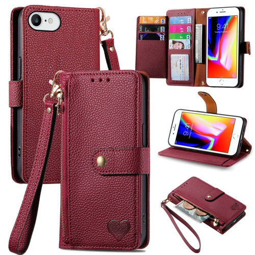 iPhone 7 / 8 / SE 2022 Love Zipper Lanyard Leather Phone Case - Red