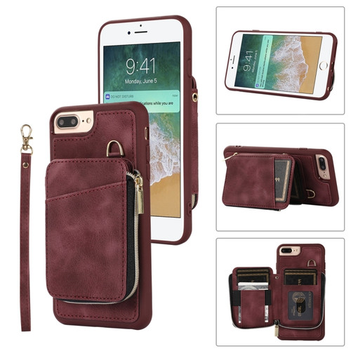 iPhone SE 2022 / 2020 / 8 / 7 Zipper Card Bag Back Cover Phone Case - Wine Red