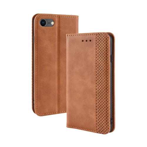 iPhone SE 2022 / SE 2020 Magnetic Buckle Retro Crazy Horse Texture Horizontal Flip Leather Case with Holder & Card Slots & Photo Frame - Brown