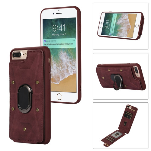 iPhone SE 2022 / 2020 / 8 / 7 Armor Ring Wallet Back Cover Phone Case - Wine Red