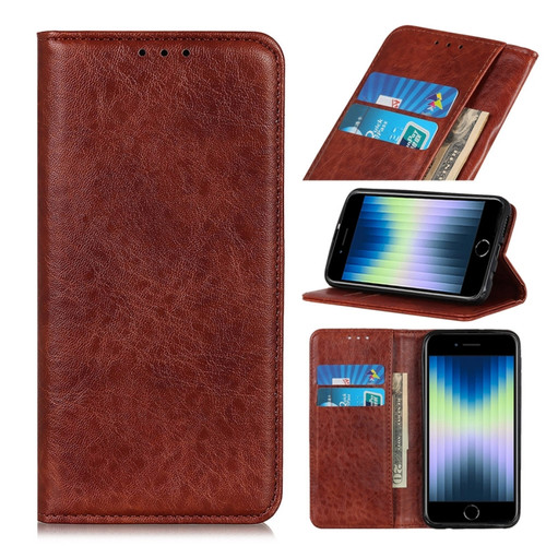 iPhone SE 2022 / SE 2020 Magnetic Suction Crazy Horse Pattern PU Left and Right Open with Bracket and Card Slot and Wallet - Brown