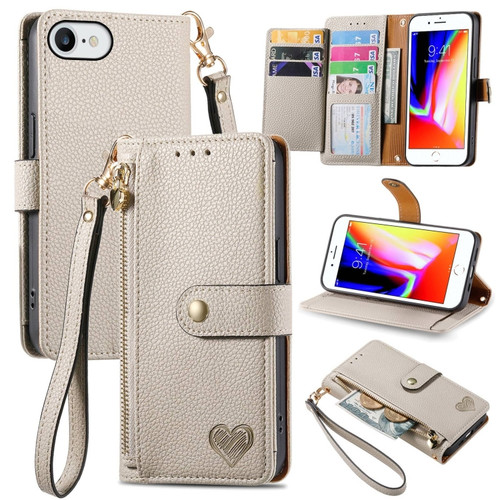 iPhone 7 / 8 / SE 2022 Love Zipper Lanyard Leather Phone Case - Gray