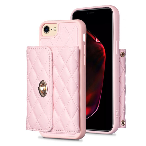 iPhone SE 2022 / 2020 / 8 / 7 Horizontal Metal Buckle Wallet Rhombic Leather Phone Case - Pink