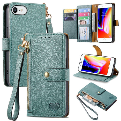 iPhone 7 / 8 / SE 2022 Love Zipper Lanyard Leather Phone Case - Green