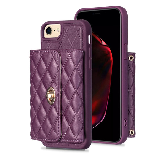 iPhone SE 2022 / 2020 / 8 / 7 Horizontal Metal Buckle Wallet Rhombic Leather Phone Case - Dark Purple