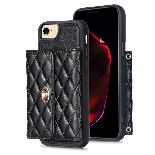 iPhone SE 2022 / 2020 / 8 / 7 Horizontal Metal Buckle Wallet Rhombic Leather Phone Case - Black