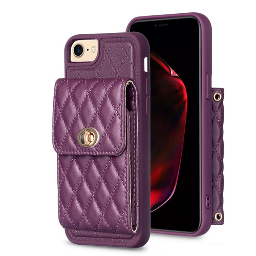 iPhone SE 2022 / SE 2020 / 7 / 8 Vertical Metal Buckle Wallet Rhombic Leather Phone Case - Dark Purple