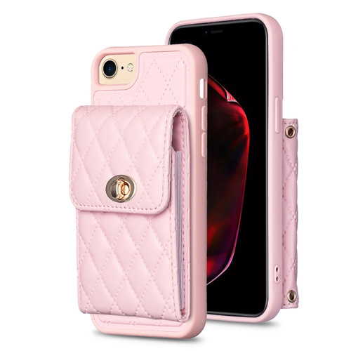 iPhone SE 2022 / SE 2020 / 7 / 8 Vertical Metal Buckle Wallet Rhombic Leather Phone Case - Pink