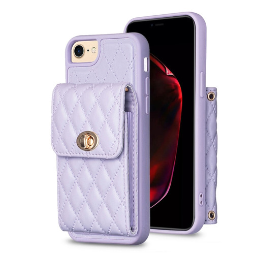 iPhone SE 2022 / SE 2020 / 7 / 8 Vertical Metal Buckle Wallet Rhombic Leather Phone Case - Purple