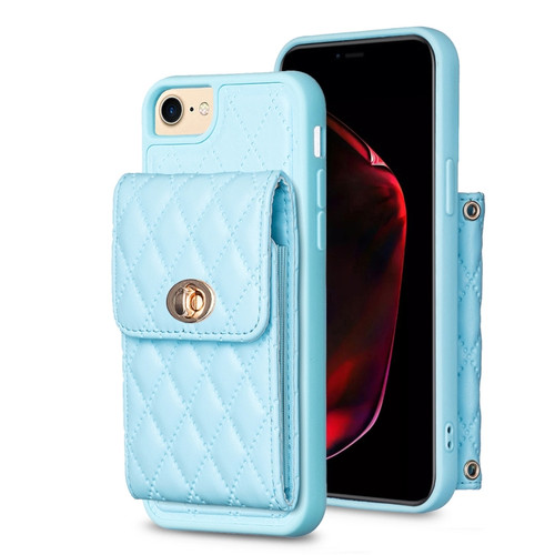 iPhone SE 2022 / SE 2020 / 7 / 8 Vertical Metal Buckle Wallet Rhombic Leather Phone Case - Blue