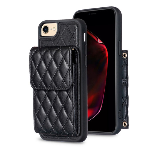 iPhone SE 2022 / SE 2020 / 7 / 8 Vertical Wallet Rhombic Leather Phone Case - Black