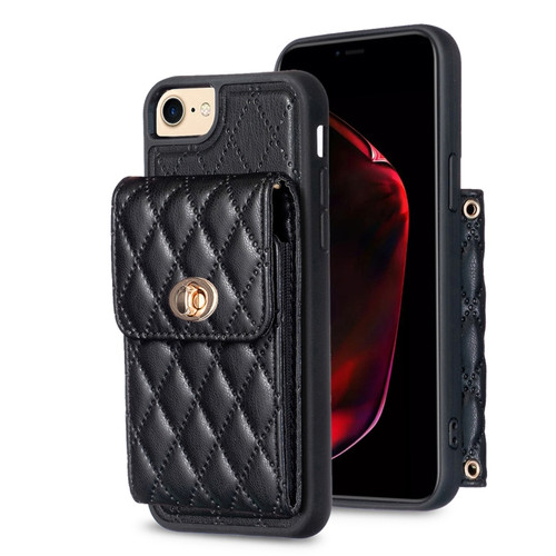iPhone SE 2022 / SE 2020 / 7 / 8 Vertical Metal Buckle Wallet Rhombic Leather Phone Case - Black