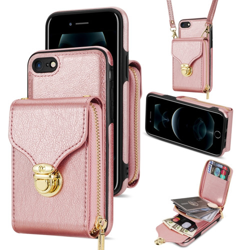 iPhone SE 2022 / SE 2020 / 8 / 7 Zipper Hardware Card Wallet Phone Case - Rose Gold