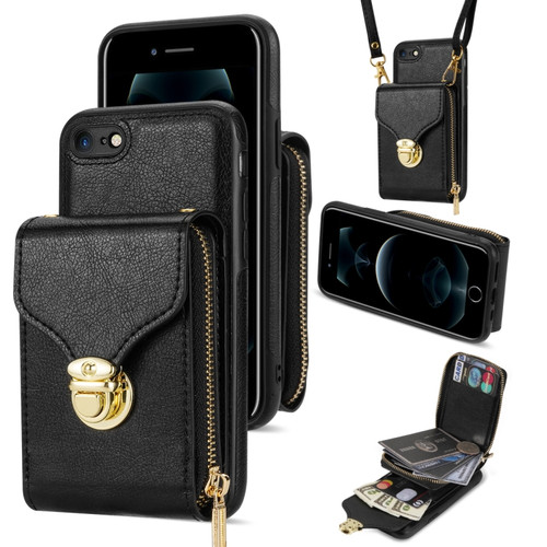 iPhone SE 2022 / SE 2020 / 8 / 7 Zipper Hardware Card Wallet Phone Case - Black