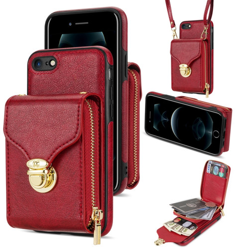 iPhone SE 2022 / SE 2020 / 8 / 7 Zipper Hardware Card Wallet Phone Case - Red