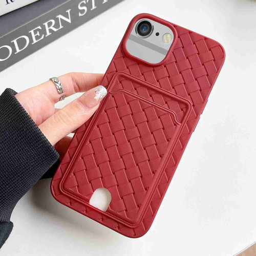 iPhone SE 2022 / SE 2020 / 8 / 7 Weave Texture Card Slot Skin Feel Phone Case with Push Card Hole - Red