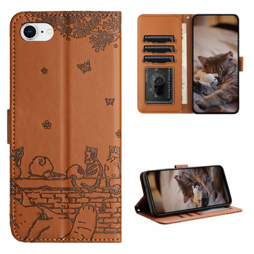 iPhone 7 / 8 / SE 2020 / SE 2022 Cat Embossing Pattern Leather Phone Case with Lanyard - Brown