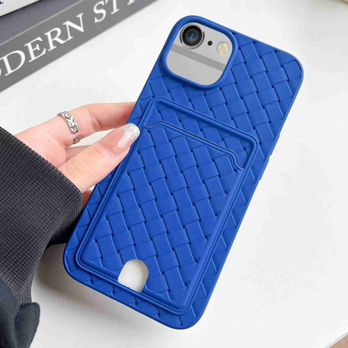 iPhone SE 2022 / SE 2020 / 8 / 7 Weave Texture Card Slot Skin Feel Phone Case with Push Card Hole - Dark Blue