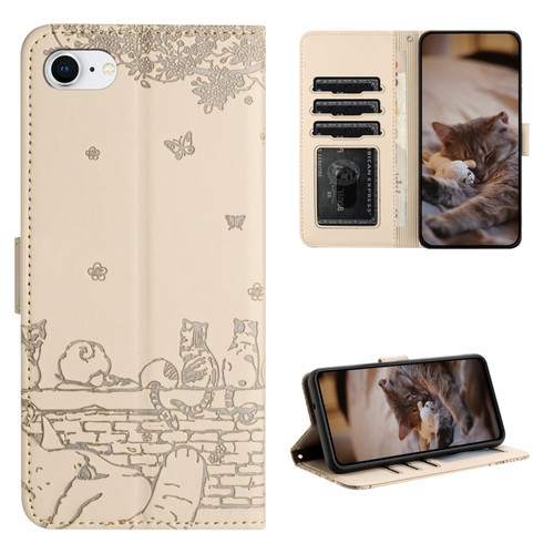 iPhone 7 / 8 / SE 2020 / SE 2022 Cat Embossing Pattern Leather Phone Case with Lanyard - Beige