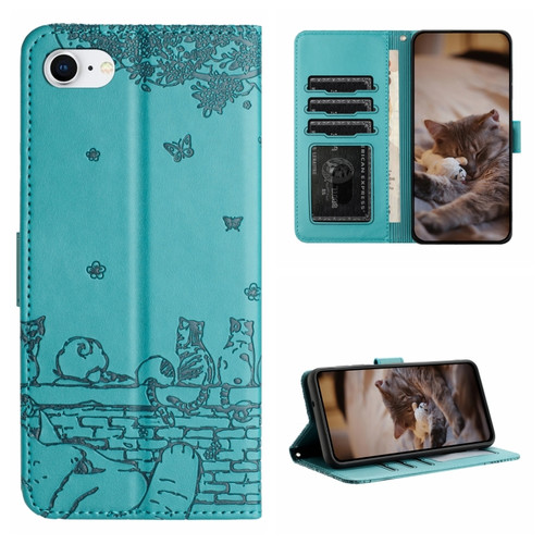 iPhone 7 / 8 / SE 2020 / SE 2022 Cat Embossing Pattern Leather Phone Case with Lanyard - Blue