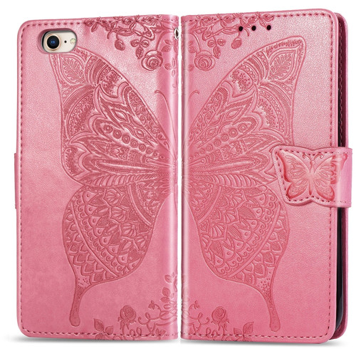 iPhone SE 2022 / SE 2020 Butterfly Love Flower Embossed Horizontal Flip Leather Case with Bracket / Card Slot / Wallet / Lanyard - Pink