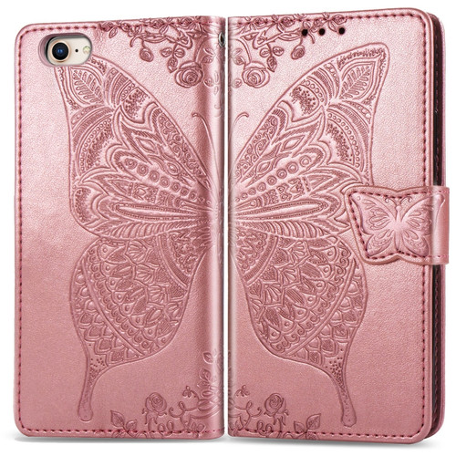 iPhone SE 2022 / SE 2020 Butterfly Love Flower Embossed Horizontal Flip Leather Case with Bracket / Card Slot / Wallet / Lanyard - Rose Gold