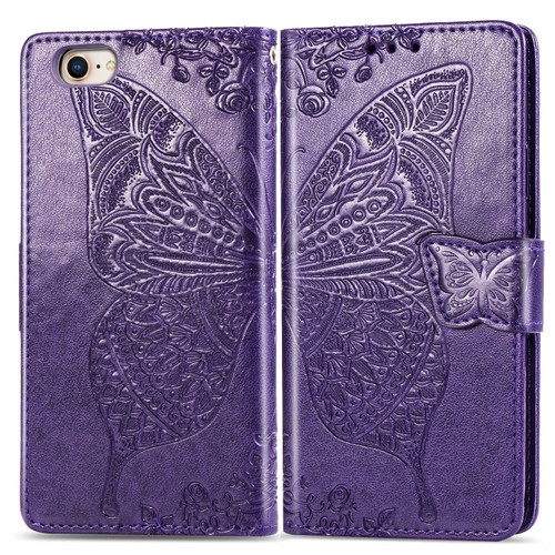 iPhone SE 2022 / SE 2020Butterfly Love Flower Embossed Horizontal Flip Leather Case with Bracket / Card Slot / Wallet / Lanyard - Dark Purple