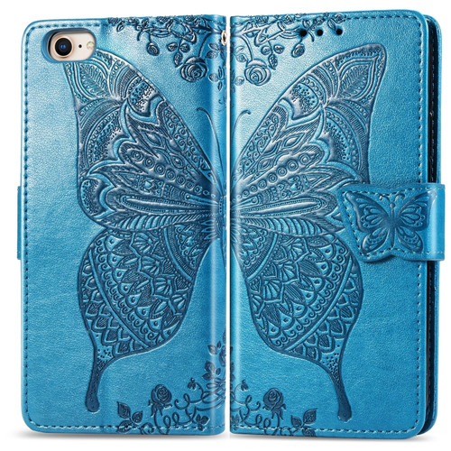 iPhone SE 2022 / SE 2020 Butterfly Love Flower Embossed Horizontal Flip Leather Case with Bracket / Card Slot / Wallet / Lanyard - Blue