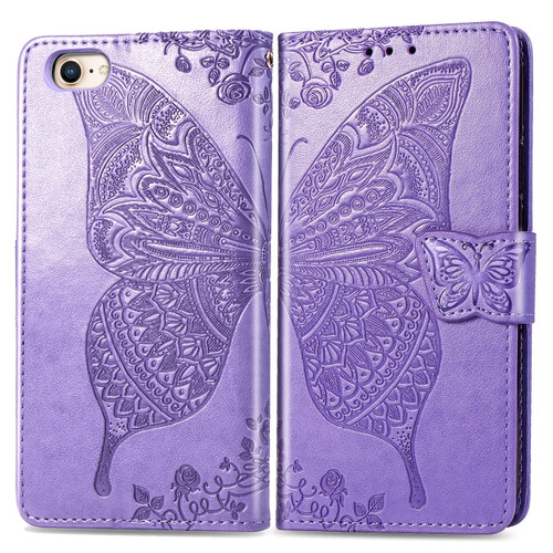 iPhone SE 2022 / SE 2020 Butterfly Love Flower Embossed Horizontal Flip Leather Case with Bracket / Card Slot / Wallet / Lanyard - Light Purple
