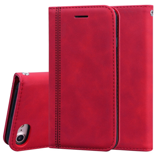 iPhone SE 2022 / SE 2020 / 8 / 7 Frosted Business Magnetic Horizontal Flip PU Leather Case with Holder & Card Slot & Lanyard - Red