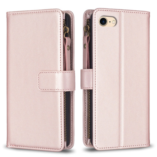 iPhone SE 2022 / SE 2020 / 8 / 7 9 Card Slots Zipper Wallet Leather Flip Phone Case - Rose Gold