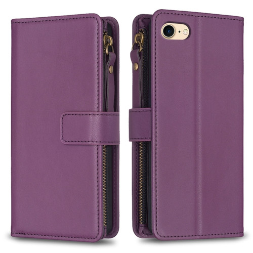 iPhone SE 2022 / SE 2020 / 8 / 7 9 Card Slots Zipper Wallet Leather Flip Phone Case - Dark Purple