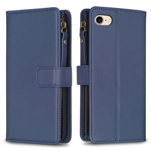 iPhone SE 2022 / SE 2020 / 8 / 7 9 Card Slots Zipper Wallet Leather Flip Phone Case - Blue